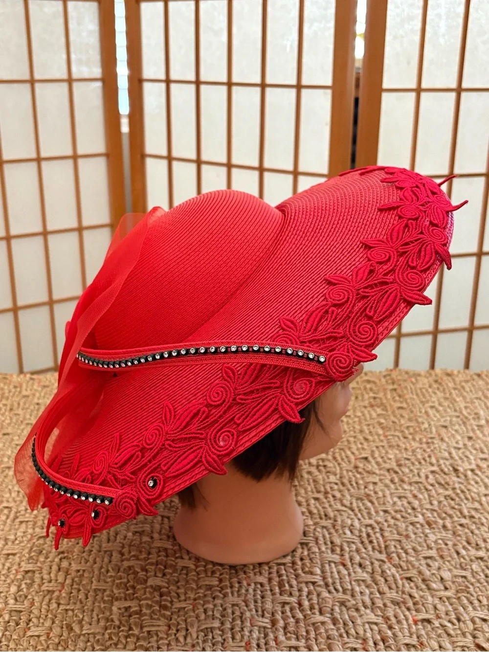 Wide-Brim Decorative Red Women's Hat with Braided Trim & Tulle Flower
